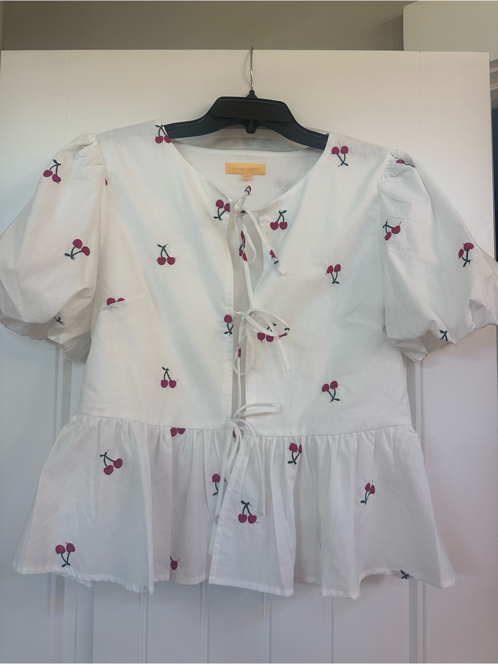 NWOT Flying Tomato White Cherry Tie-Front Peplum Blouse
